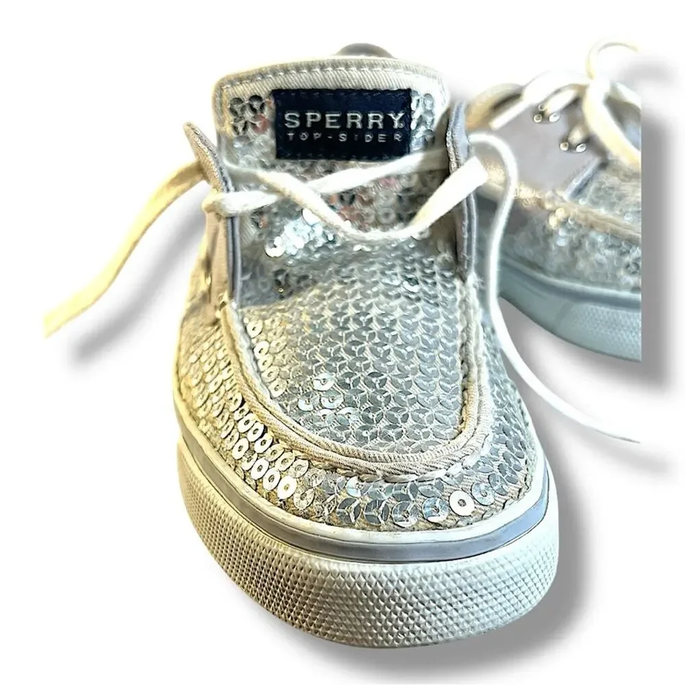 SPERRY TOP SIDERS Silver Sequin and Ivory or beige SZ 7.5